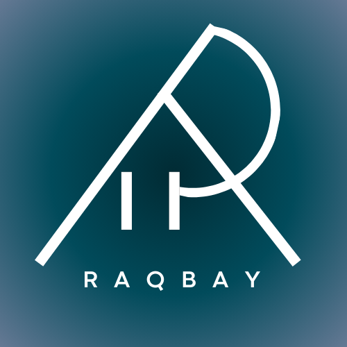 Raqbay logo featuring a white geometric monogram on a teal-blue background for Raqbay.com.pk, a property-for-sale website in Pakistan.