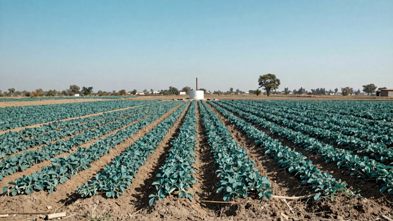 Realistic wide view of an irrigated Pakistani farm plot with crop rows and a distant tube well under clear daylight, nat