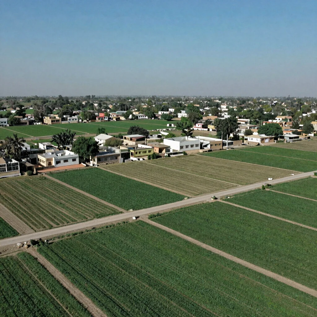 Wide aerial-angle photograph of irrigated agricultural land and f