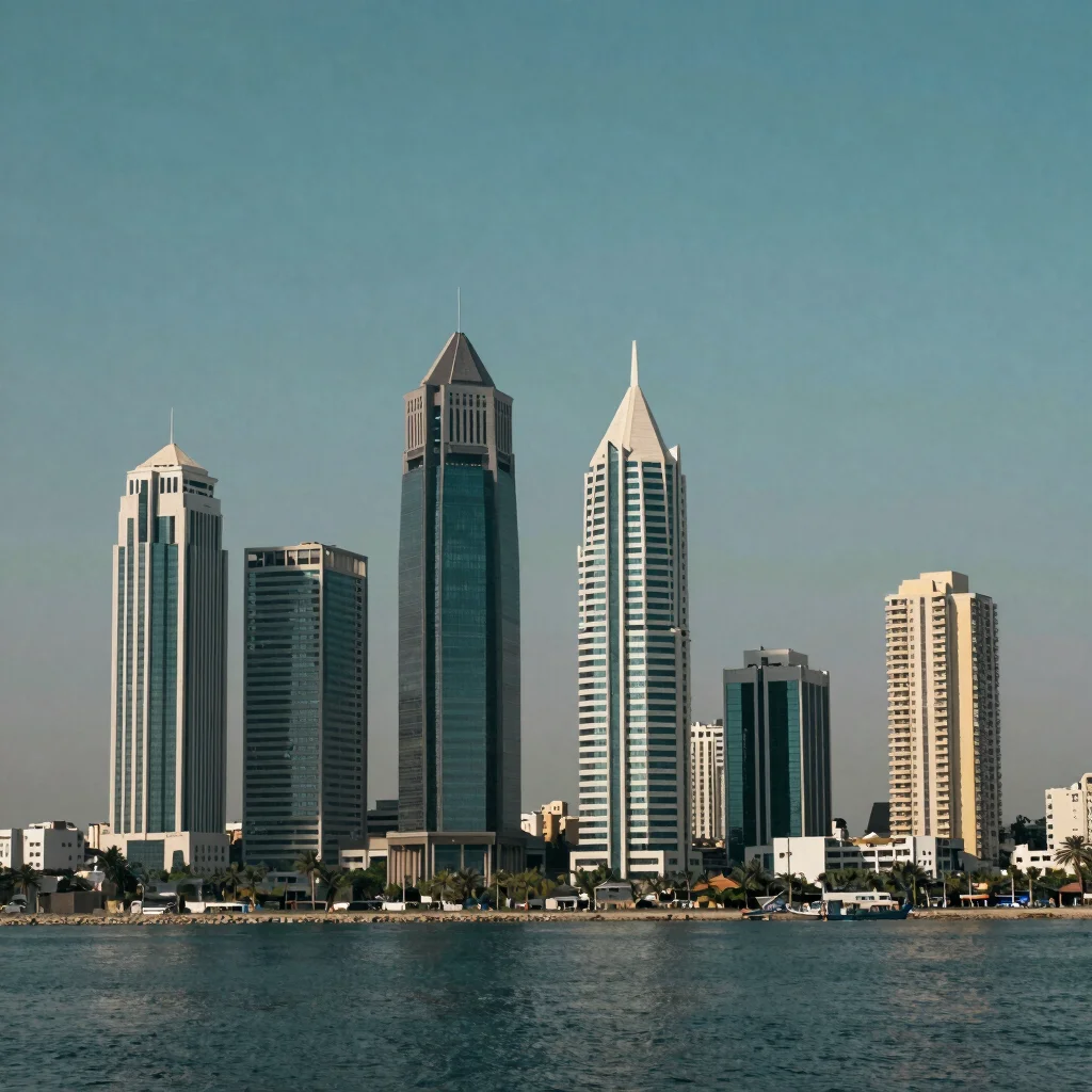 Wide architectural photograph of a Karachi coastal commercial dis